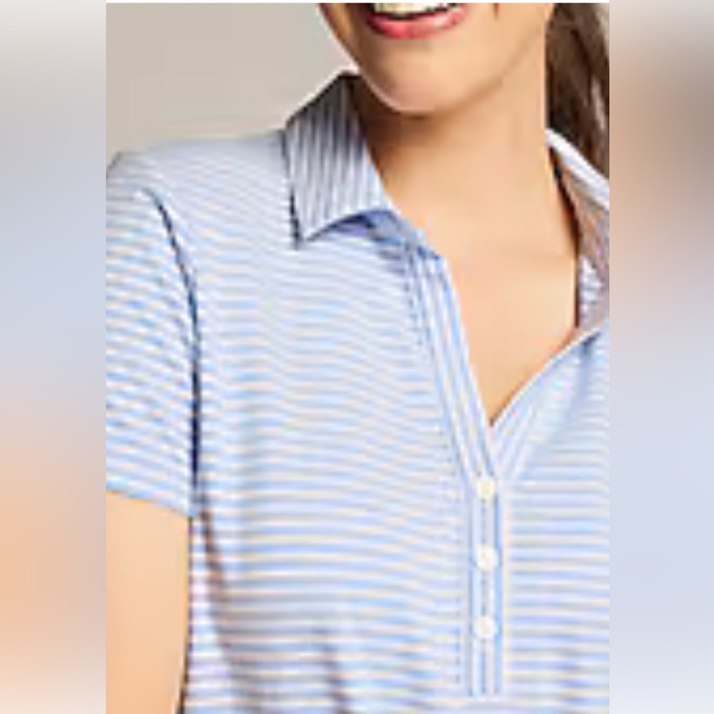 J Jill Fit Progress Blue/White Striped Short Sleeve Polo Top Large Tall